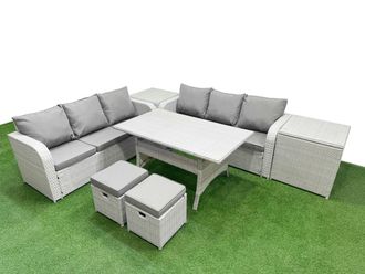 Fimous Outdoor Garden Furniture Sets 8 Seater Wicker Rattan Furniture Sofa Sets w/ Rectangular Dining Table high Back Lounge Sofa Stools 2 Side Table
