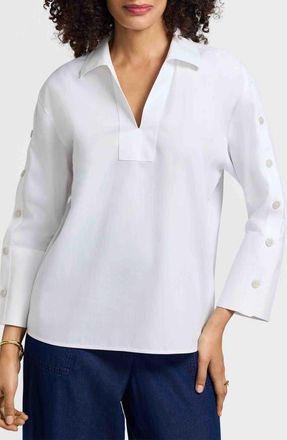 Foxcroft Lainey Button Accent Cotton Popover Top in White at Nordstrom, Size X-Large