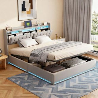 OEM Cama Lit Coffre - Cwxl - 140x190 Cm - Almacenamiento Hidr&aacute;ulico - Terciopelo Gris - Led Y Usb