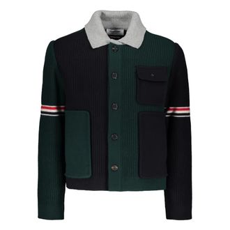 Thom Browne Cardigans, male, Green, Size: 2XL Wool Cardigan with Tricolor Details