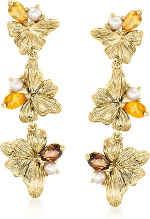 Ross-Simons Citrine and. Smoky Quartz Floral Drop Earrings With 2.5-3mm Cultured Pearls in 18kt Gold Over Sterling