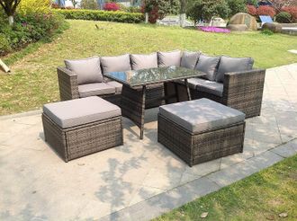 Fimous 8 Seater Grey Rattan Corner Sofa Set Dining Table 2 Big Footstool Garden Furniture Outdoor in Dark Grey