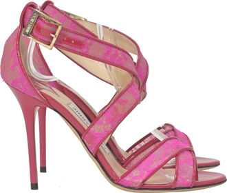 Jimmy Choo London Lottie Lace Detail Strappy Heels in Pink Leather