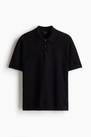 H&M Slim Fit Textured-knit Polo Shirt in Black at Nordstrom, Size Xx-Large