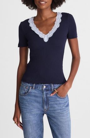 Madewell Lace Trim V-Neck Rib Top in Midnight Navy at Nordstrom, Size Xx-Small