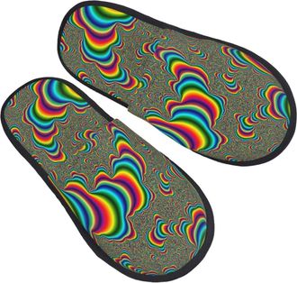 Generic Fleece Slippers Rainbow Trippy Neon Psychedelic Warm Hotel Slippers Soft Indoor Shoes For Women Home Spa M