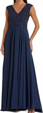 Mac Duggal Appliqued Bodice Flowy Gown In Navy