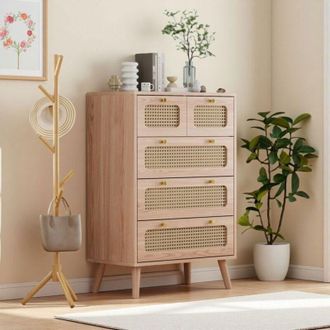 OEM Mueble Para Zapatos - Ratan Natural - 5 Cajones Modulares - Manijas Amarillas - Dise&ntilde;o Elegante