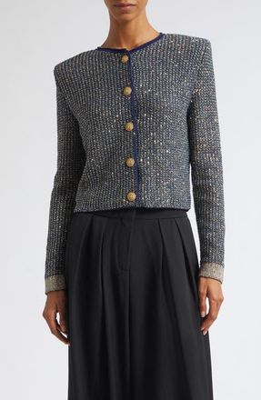 Balmain Glitter Fringe Tweed Cardigan in Sqh Navy/multi at Nordstrom, Size 34