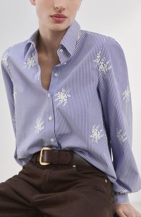 Mango Embroidered Stripe Shirt in Sky Blue at Nordstrom, Size 6