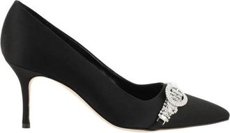Manolo Blahnik Pumps met strasgesp en kittenhak - Dames - Pumps - Zwart - 40 EU - Satijn - Schoenen
