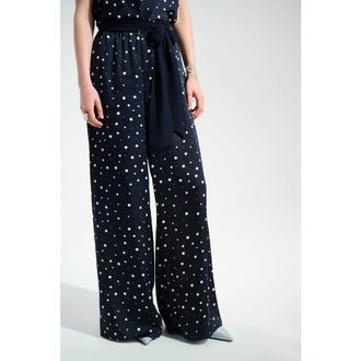 Joseph Ribkoff Signature | Satin Dot Print Wide Leg Pants With Contrast Sash in Midnight Blue/vanilla at Nordstrom, Size 12 30