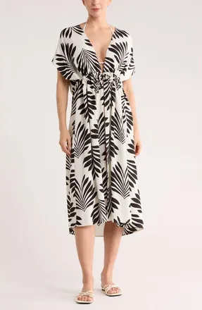 Nordstrom Rack Floral Short Sleeve Cover-Up Dress in Ivory Black Bloom at Nordstrom Rack, Size X-Small