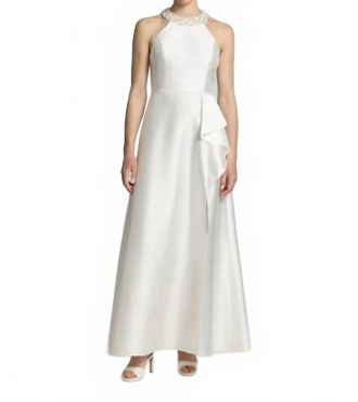 Adrianna Papell Embellished Halter Neck Ruffle Mikado A-Line Gown In Ivory