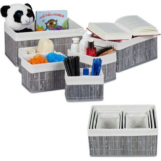 Relaxdays Relaxdays 2x Sets of 6 Bamboo Storage Baskets, Various Sizes, Shelves Organiser, Fabric Cover, Square, Decorative, Grey