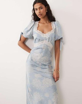 Hope & Ivy Vestito midi in raso jacquard blu pallido con finiture in pizzo e laccetti sulle maniche-Multi