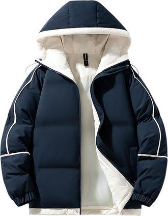 Generic Padded Jacket Men and Women Winter Puffer Jackets with Hood Full Zip Hooded Insulated Jackets Colour Block Quilted Coats Classic Fit Outwear Unisex Ou