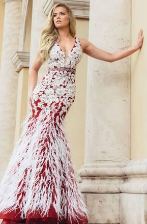 Jasz Couture Floral Embroidered Deep V-Neck Feathered Dress In Burgundy