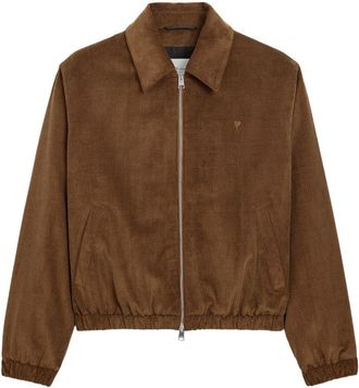 Ami Cropped Boxy Brown Corduroy Jacket with Embroidered Logo