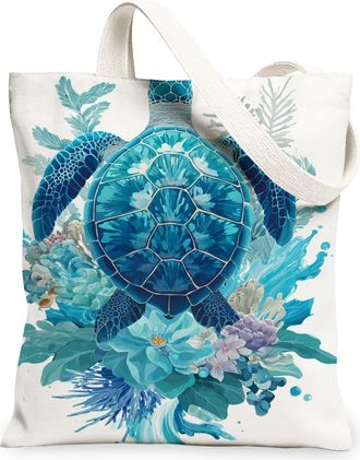 Generic Tropical Turtle Canvas Tote Bags, Artistic Ocean Design Reusable Bags, Summer Eco-Friendly Lightweight Washable Canvas for, Blue, 13x15 Inch
