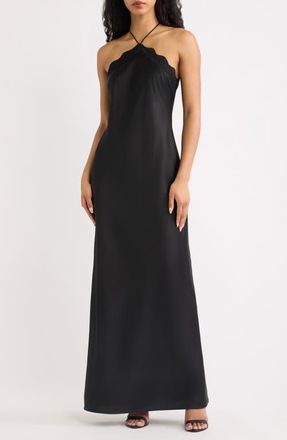 Wayf Lirien Lace Trim Halter Column Gown in Black at Nordstrom, Size X-Small