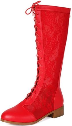 Generic Womens Lace Hollow Out Round Toe Patchwork Knee High Boots Sandals Low Block Heels Lace Up Summer Dress Shoes (5.5,Red)