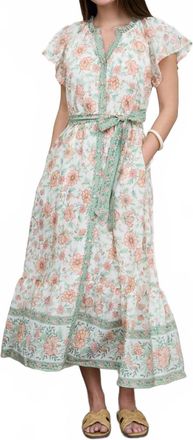 August Sky Floral Border Print Belt Strap Midi Dress In Green Multi