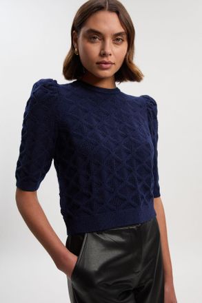 Karen Millen Womens Cable Stitch Puff Sleeve Top - Navy Viscose - Size Large