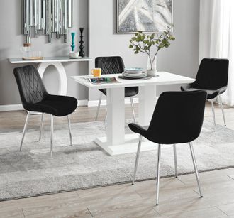 Furniturebox Imperia 4 Seater Modern White High Gloss Rectangular Dining Table & 4 Persaro Velvet Chairs in Black