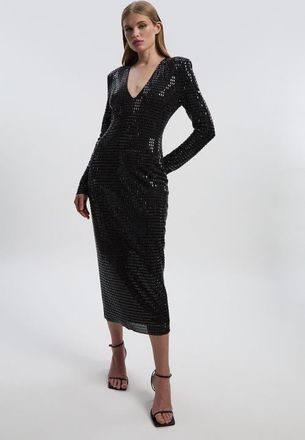 Karen Millen Long Sleeve Plunge Neck Midi Dress in Black at Nordstrom, Size X-Small