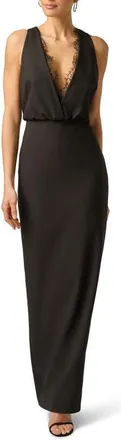 Adrianna Papell Plunge Neck Lace Trim Crepe Column Gown in Black at Nordstrom, Size 10