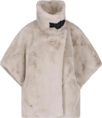 Pinko Beige Belted High Collar Faux Fur Jacket