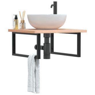 Berkfield Home Basin Shelf Wall Mounted Steel & Solid Wood Beech in Brown