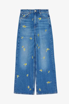 Ganni Blue Lari Jeans Wide in Printed Denim - Size 24W/33L Organic Cotton