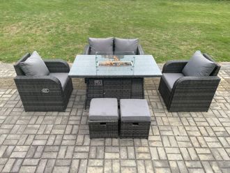 Fimous Rattan Outdoor Garden Furniture Sofa Set Gas Fire Pit Dining Table Gas Heater with Love Sofa 2 Small Footstool Dark Grey Mixed