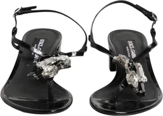 Dolce & Gabbana Black Leather Crystal Ankle Strap Sandals Womens Shoes