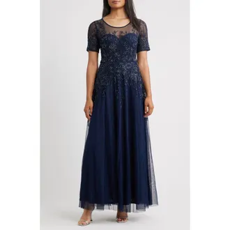 Pisarro Nights Embellished Illusion Neck Gown in Navy at Nordstrom Rack, Size 2