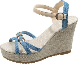 Generic Blue Womens Solid Color Round Toe Open Toe Sandals with Strap One-Line Buckle Thick Bottom Waterproof Wedge Design for Spring and Summer Casual Outing