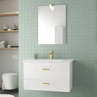 Aurlane Mueble De Ba&ntilde;o 80 Cm Lacado Blanco Y Oro Dorado 2 Cajones - Lavabo Y Espejo Aplique Led