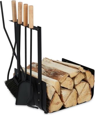 Relaxdays Le&ntilde;ero Met&aacute;lico, Set Accesorios Chimenea, Pala, Escobilla, Tenazas Y Atizador, Estanter&iacute;a Le&ntilde;a Interior, Negro - Relaxdays