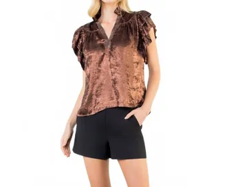THML Clothing Flutter Sleeve Shimmery V Neck Top In Bronze