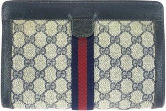 Gucci Pre-owned Vintage GG Supreme Canvas Leather Clutch - Dames - Vintage Clutch - Blauw - ONE Size - Leer - Vintage