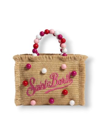 MC2 Saint Barth Rectangular Woven Tote With Fringed Edges And Colorful Bead Accents