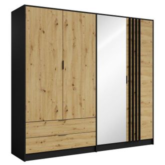 Vente-Unique Armadio 4 ante e 2 cassetti Con specchio L220 cm Nero e naturale - TUNALO