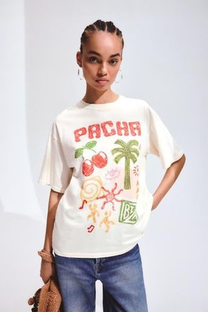 H&M Oversized t-shirt with printed motif in Cream/pacha at Nordstrom, Size Xx-Large
