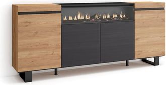 Skraut Home Aparador efecto madera roble y negro 200x35x87cm chimenea efecto fuego