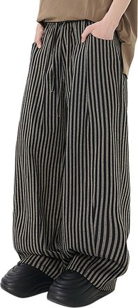 Generic Womens Striped Print Drawstring Waist Straight Leg Pants Casual Long Trousers with Pocket House Boy (Black, L)