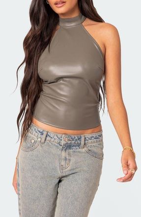 Edikted Sienna Faux Leather Halter Top in Gray at Nordstrom, Size Medium