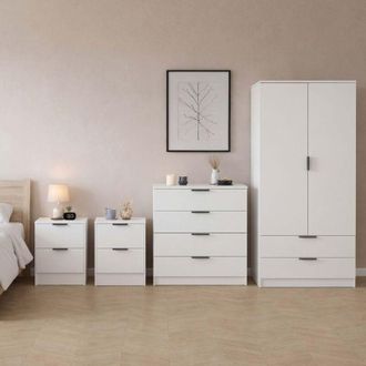 Home Discount Trega 4pc Bedroom Furniture Set - 2x 2 Drawer Bedside, 4 Drawer Chest & 2 Door Wardrobe, White