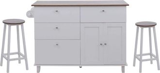 Hhg [nunca Usado] Isla De Cocina Hhg-692 Con 2 Taburetes, Armario De Cocina Con Cajones Y Compartimentos De Almacenamiento Mdf 90x131x47 Cm, Blanco, Aspec